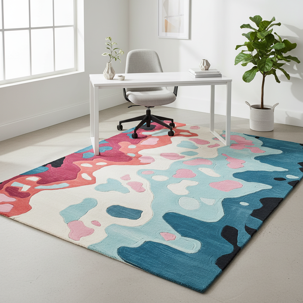 Colorful abstract rug in a room with a desk and plants