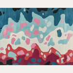 Vibrant abstract design on a hand-tufted wool area rug, perfect for large living rooms or under a dining table. This contemporary rug features a colorful mix of blue, pink, and red hues, adding a modern touch to any dining or living room space.