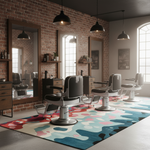 Flow state rug of fluid red, blue, pink and cream shapes under salon chairs by a brick wall