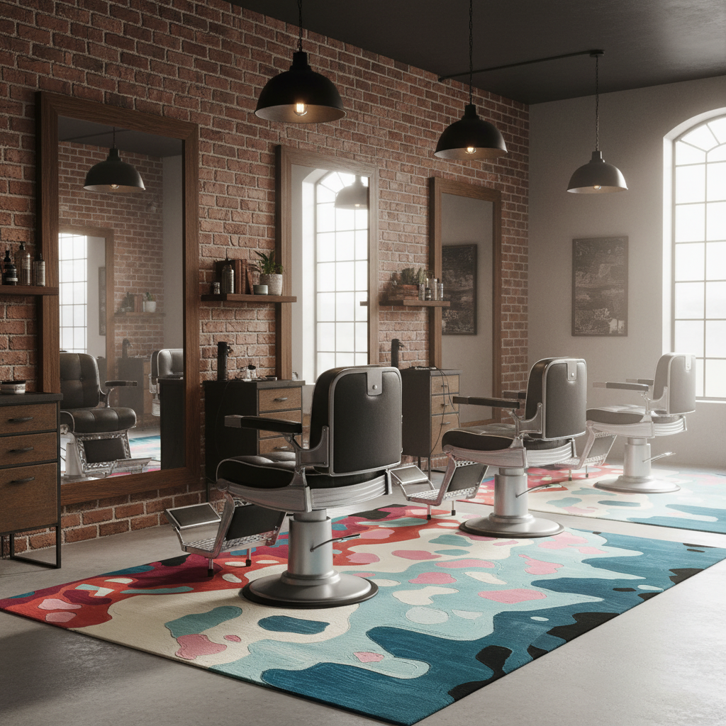 Flow state rug of fluid red, blue, pink and cream shapes under salon chairs by a brick wall