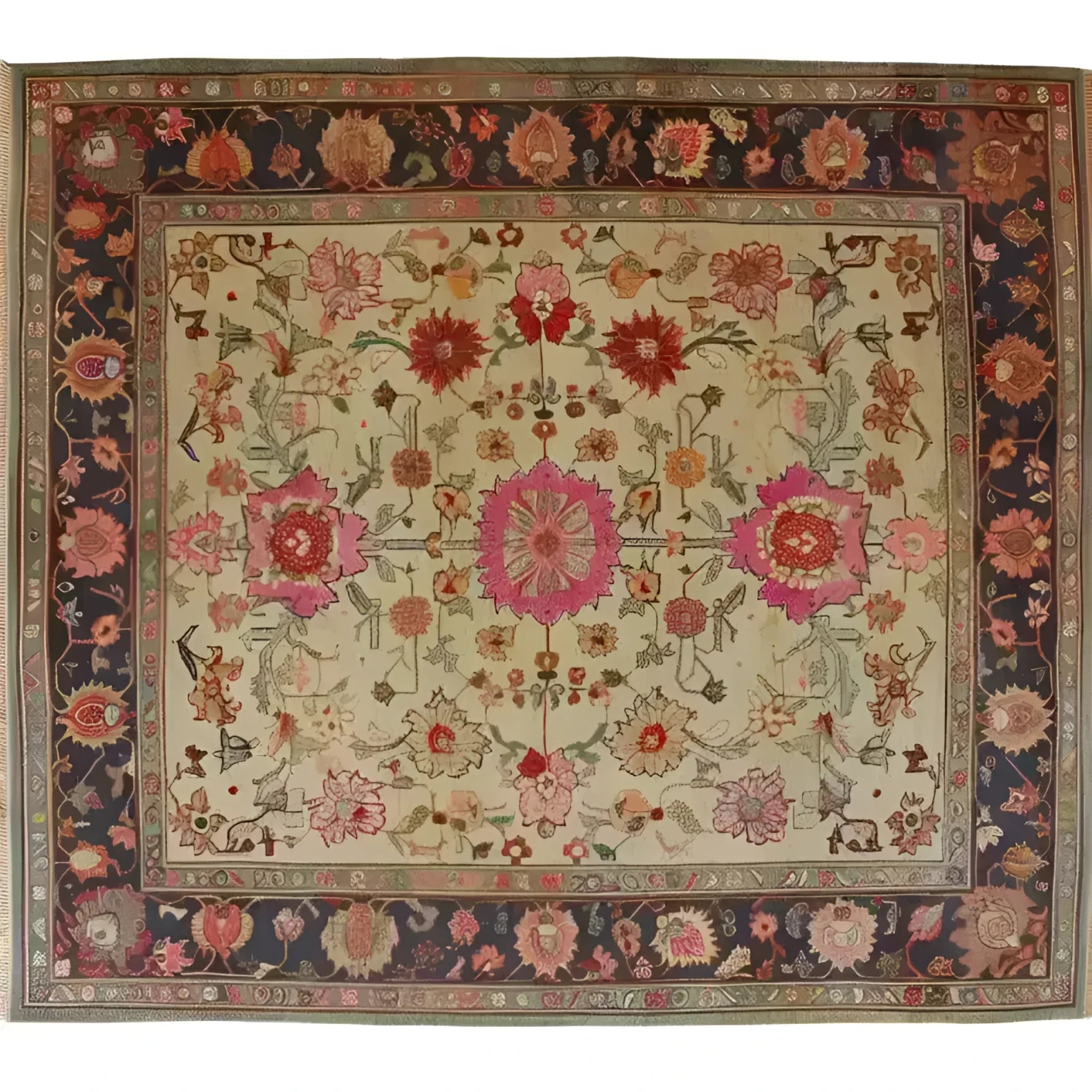 The Flower Enchantment Hand Knotted Area Rug showcases a vibrant floral design, perfect for adding a touch of elegance to large living rooms. This vintage rug, reminiscent of classic Persian rugs, features intricate patterns and rich colors, making it an ideal choice for those seeking stylish living room area rugs.