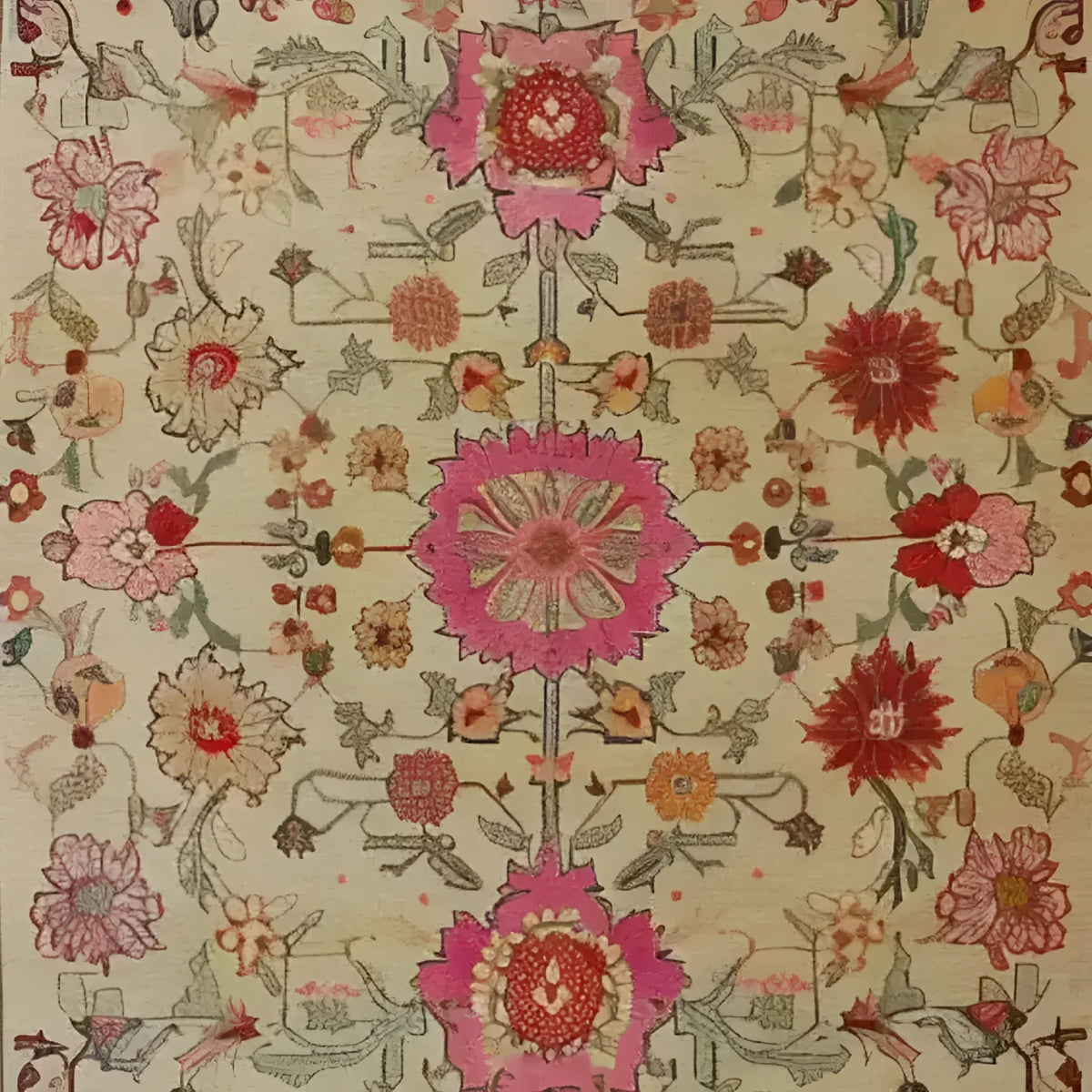 The Flower Enchantment Hand Knotted Area Rug features a stunning floral design with vibrant pink and red blooms set against a beige background. Perfect for those seeking large living room rugs with a vintage feel, this Persian-inspired floral rug adds elegance and charm to any living room area.