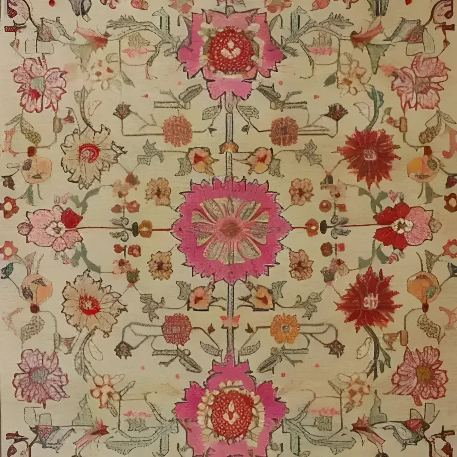 The Flower Enchantment Hand Knotted Area Rug features a stunning floral design with vibrant pink and red blooms set against a beige background. Perfect for those seeking large living room rugs with a vintage feel, this Persian-inspired floral rug adds elegance and charm to any living room area.