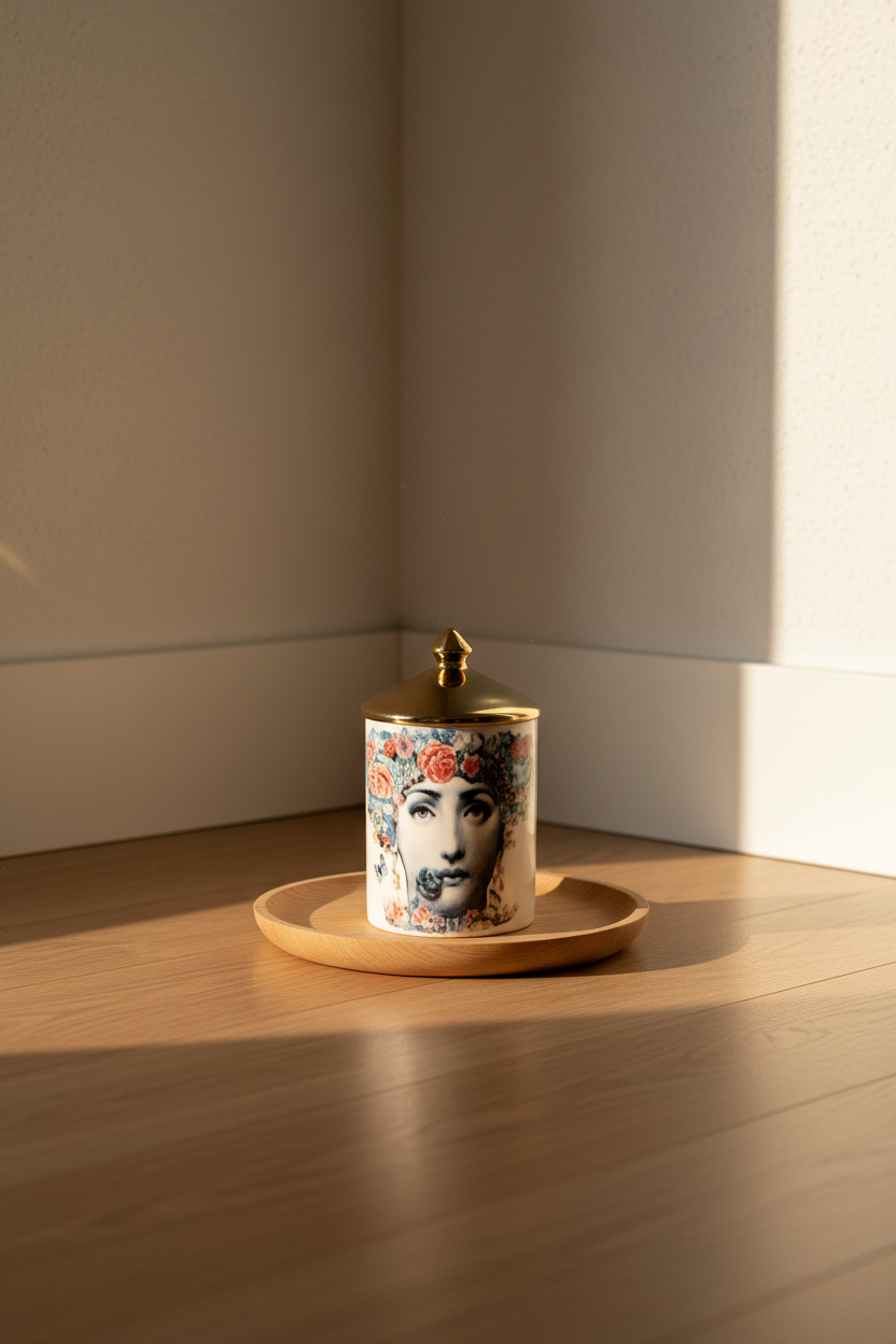 A small ceramic jar with a lid, featuring a detailed portrait illustration and colorful floral accents, sits on a round wooden tray in the corner of a sunlit room with a light wood floor.