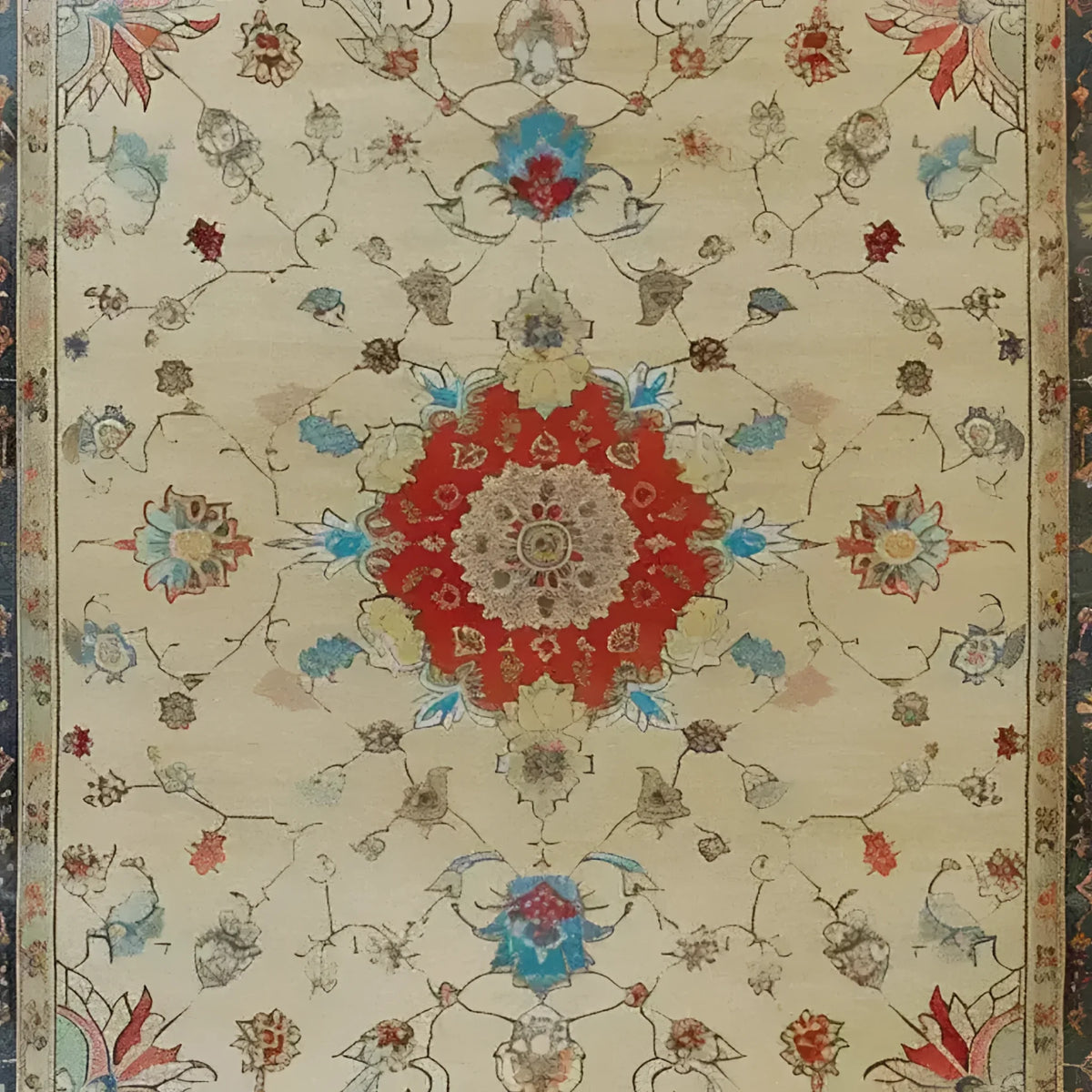 This exquisite Flowering Oasis Hand Knotted Area Rug showcases a vintage Persian design, perfect for large living room spaces. The floral rug features intricate patterns with a rich red central medallion surrounded by elegant floral motifs in shades of blue, beige, and other earthy tones, embodying the timeless charm of Persian rugs.