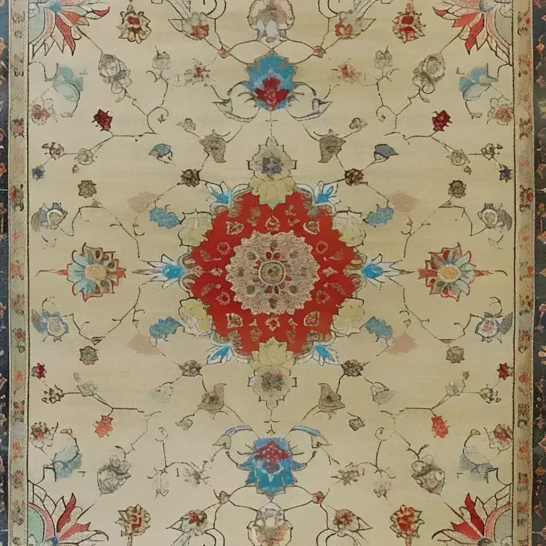 This exquisite Flowering Oasis Hand Knotted Area Rug showcases a vintage Persian design, perfect for large living room spaces. The floral rug features intricate patterns with a rich red central medallion surrounded by elegant floral motifs in shades of blue, beige, and other earthy tones, embodying the timeless charm of Persian rugs.