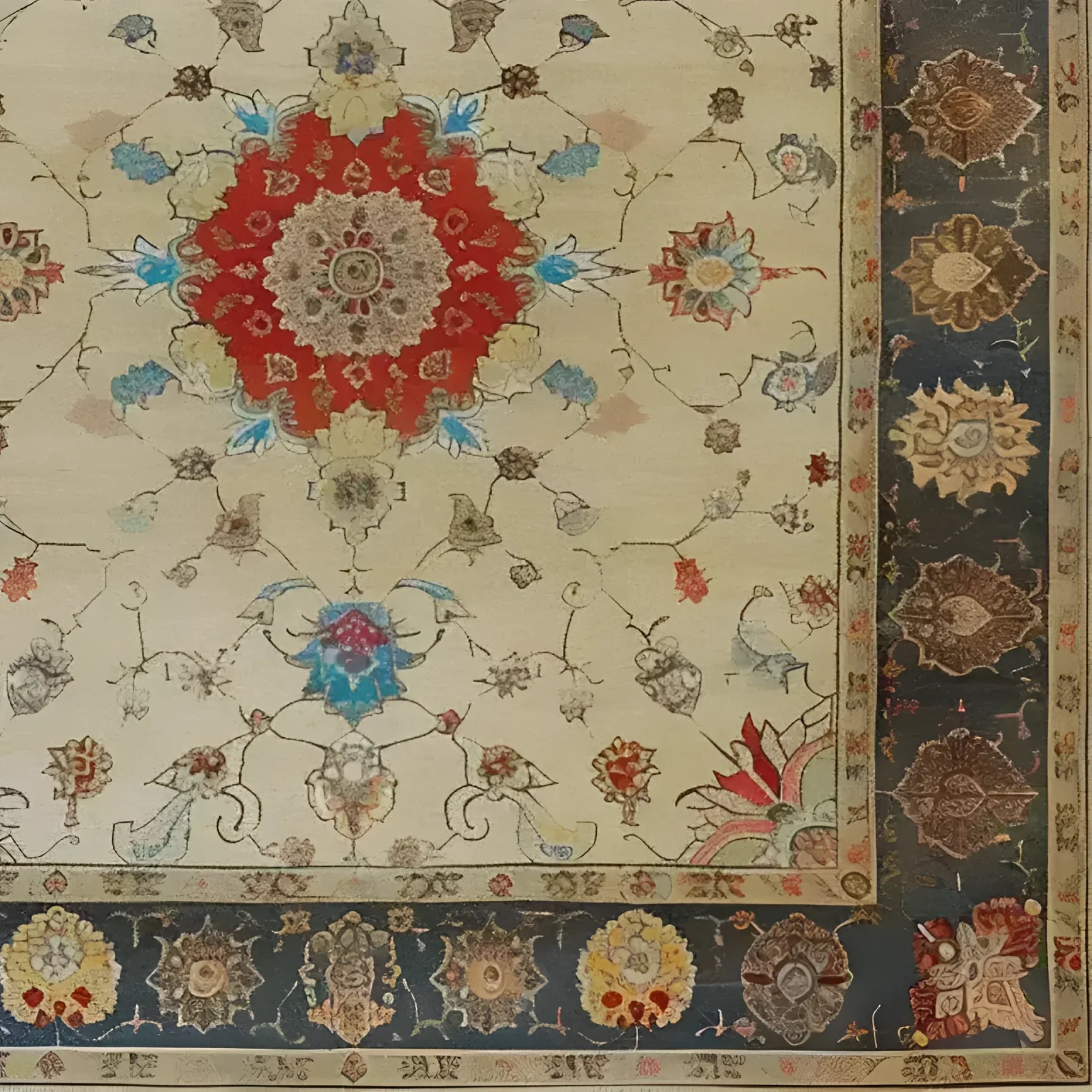 The Flowering Oasis Hand Knotted Area Rug showcases a stunning vintage Persian design, perfect for large living room spaces. This floral rug features intricate patterns with a bold red medallion at its center, surrounded by a harmonious blend of beige, blue, and earthy tones, ideal for adding elegance to any living room area.
