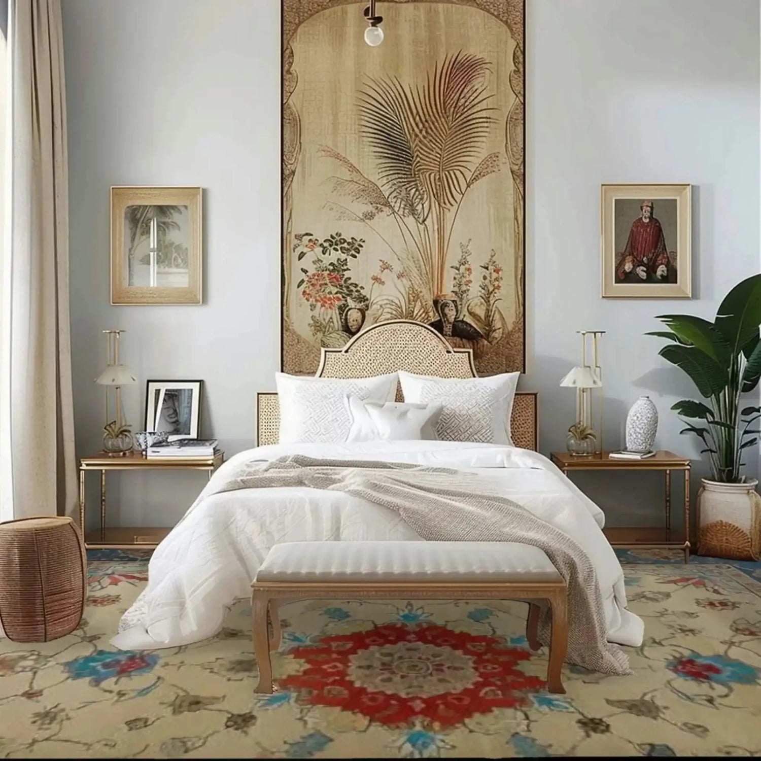 Decorative bedroom with floral rug,  tapestry, bedside tables, and a bench.