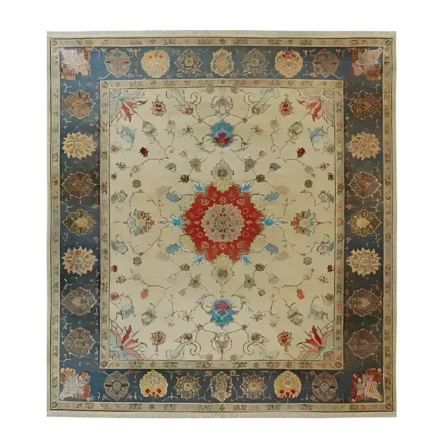 The Flowering Oasis Hand Knotted Area Rug showcases a stunning floral pattern with intricate vintage Persian designs, perfect for large living rooms. The rug features a rich, colorful medallion at the center with elegant floral motifs extending to a detailed border, embodying the essence of classic Persian rugs. This floral rug adds a touch of elegance and warmth to any living room area.