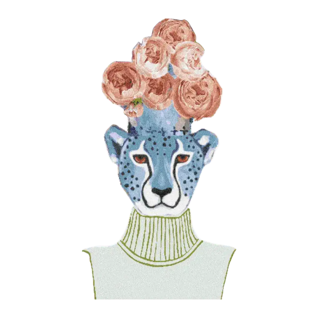 A unique hand-tufted area rug featuring a leopard head with vibrant floral accents on top. Ideal for adding a touch of creativity to living room rugs 8x10, kitchen runner rugs, or as a stylish addition to a hallway runner rug. This wool rug blends art and functionality, perfect for modern spaces like living rooms and kitchens.