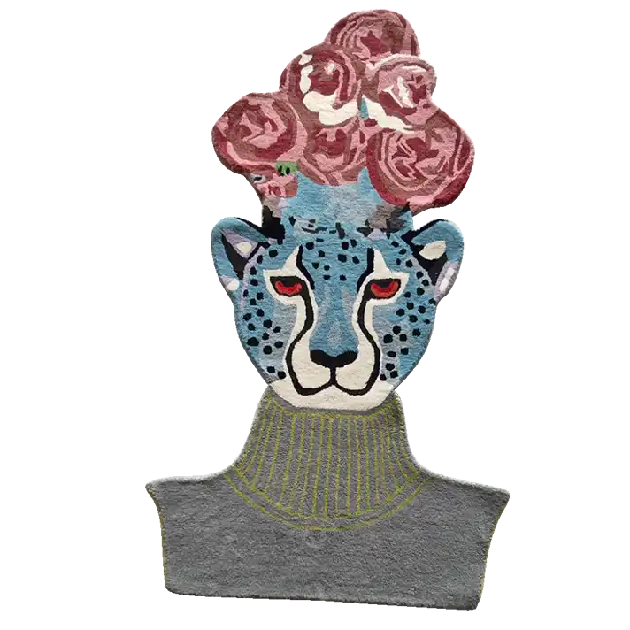 Stylish hand-tufted area rug featuring a striking design of a blue leopard head adorned with vibrant pink flowers. Perfect as kitchen rugs or kitchen runner rugs, this wool rug also serves as a unique bathroom runner rug or hallway runner rug. Ideal for adding a bold touch to living room rugs 8x10 or any living room space.