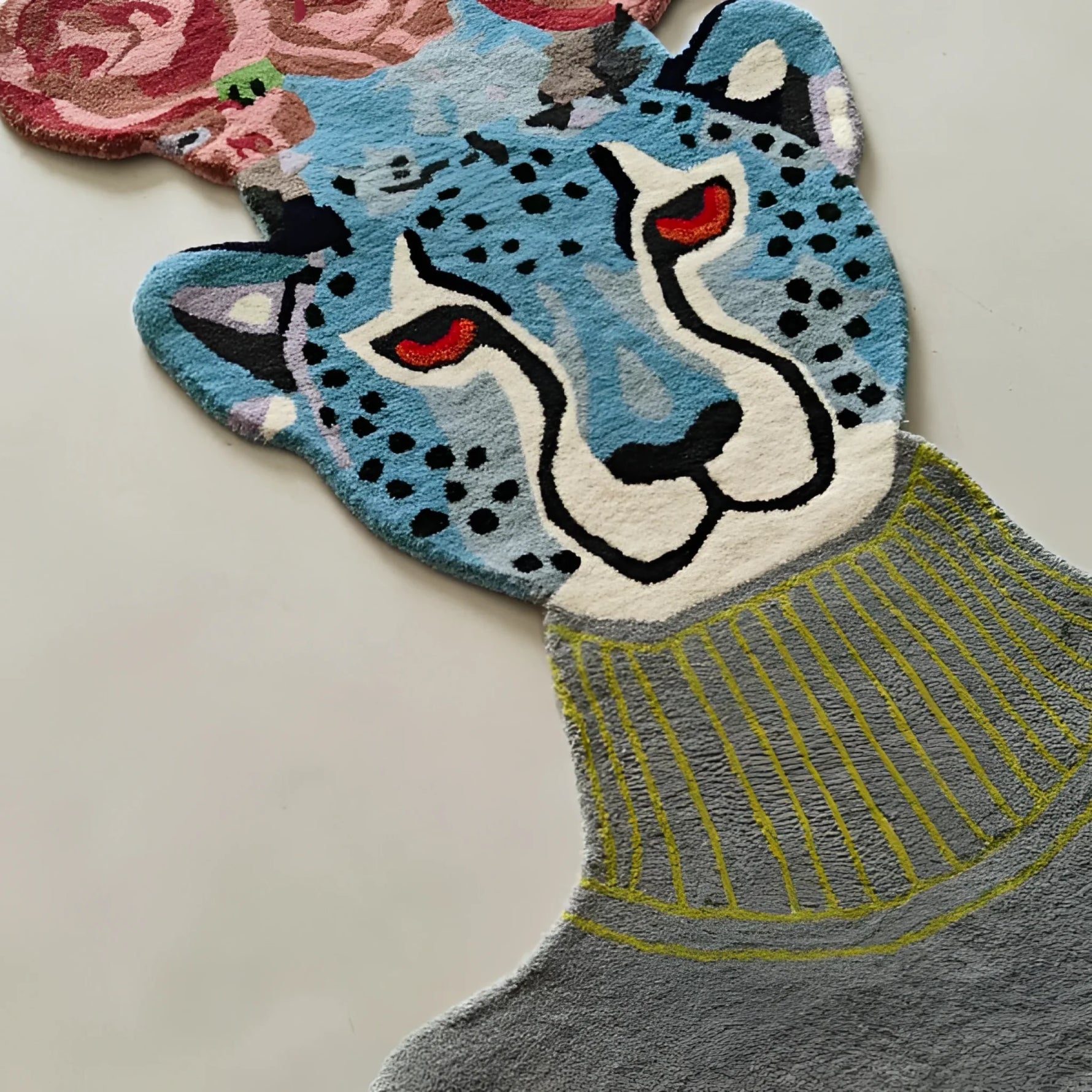 Flowers over Leopard Head Hand Tufted Accent Rug