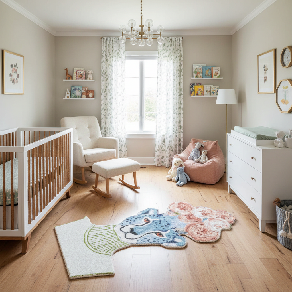 Nursery room with wooden crib, armchair, and colorful tiger head shaped rug on wooden floor.