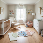 Nursery room with wooden crib, armchair, and colorful tiger head shaped rug on wooden floor.