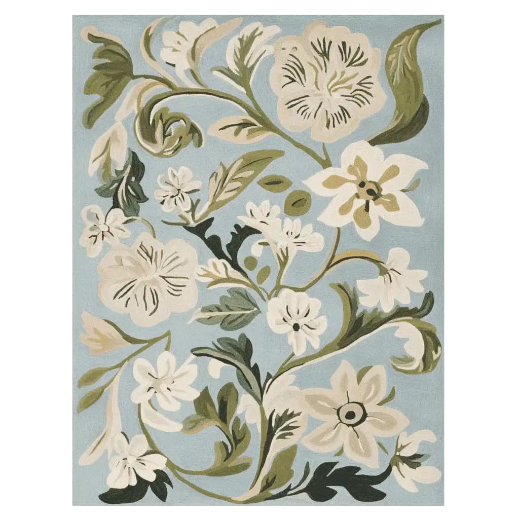 A beautiful hand-tufted area rug showcasing a contemporary floral design on a soft blue background. This wool rug features intricate beige and green flowers, making it a perfect addition to large living room spaces.