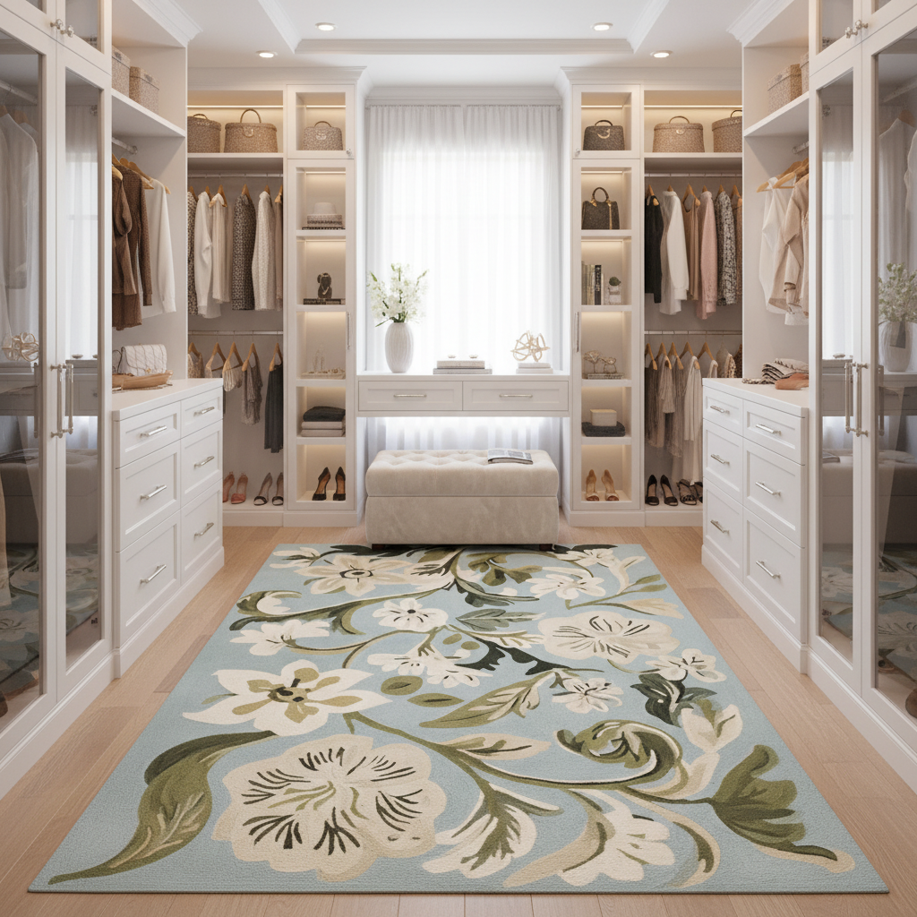 Modern walk-in closet with floral rug on wooden floor
