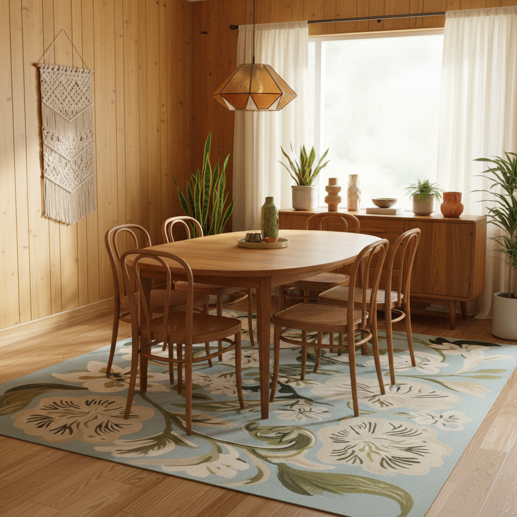 Dining room with wooden table and chairs on a floral rug, plants, and wooden walls.