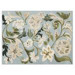 Flowery Mood Hand Tufted Area Rug with a contemporary floral design, featuring soft white and green blooms on a calming blue background. This large wool rug is perfect for adding a touch of elegance to any living room.