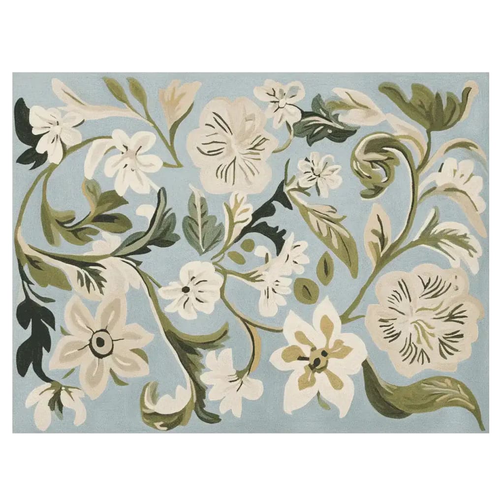 Flowery Mood Hand Tufted Area Rug with a contemporary floral design, featuring soft white and green blooms on a calming blue background. This large wool rug is perfect for adding a touch of elegance to any living room.