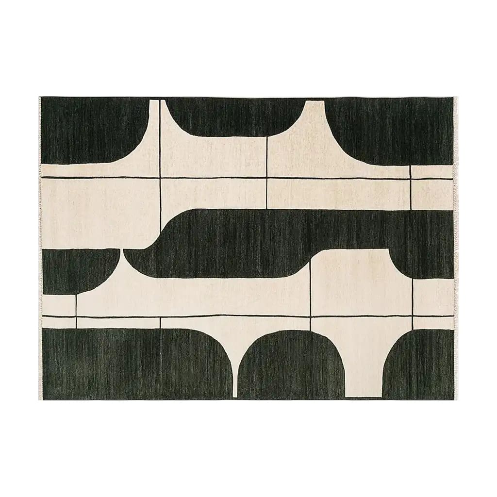 Top view of the Flowing Ember Tapestry Knotted Wool Rug, an elegant area rug featuring a contemporary design with black and beige abstract patterns. Perfect for enhancing the aesthetics of living rooms, this 8x10 wool rug combines modern style with comfort, making it an ideal choice for area rugs for living rooms.