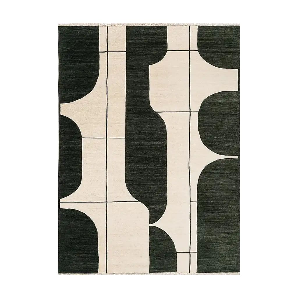 Explore the Flowing Ember Tapestry Knotted Wool Rug, a contemporary area rug perfect for living rooms. This 8x10 wool rug features an abstract design with bold black and white patterns, adding a modern touch to any space.