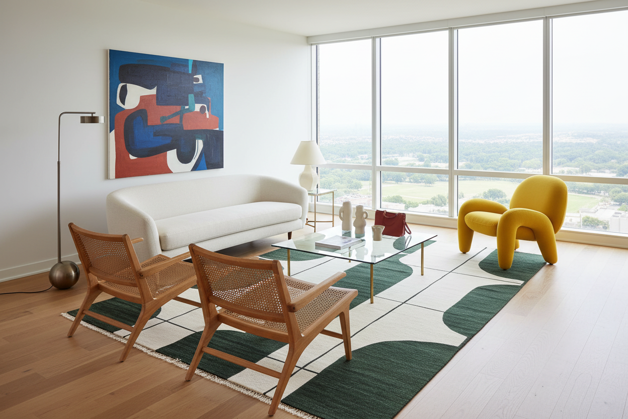 Modern living room with a white sofa, yellow armchair, and wooden chairs on a green rug.