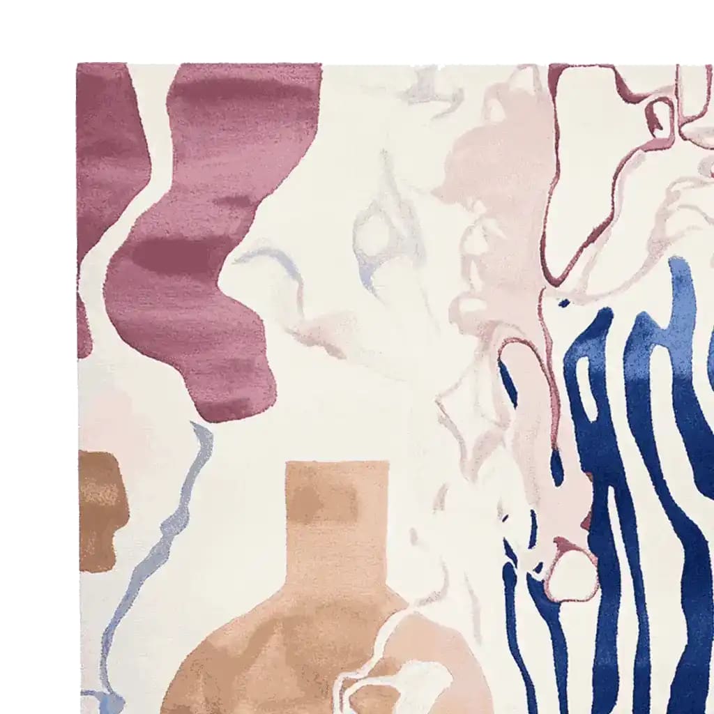 Top view of the Flowing Form Symphony Hand Tufted wool rug, featuring an abstract design with bold colors and flowing patterns. This contemporary area rug is perfect for enhancing the aesthetics of living room spaces.