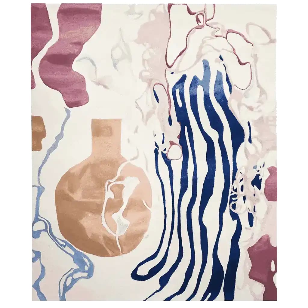 A top view of the Flowing Form Symphony Hand Tufted Area Rug, featuring an abstract design with organic shapes and flowing lines in earthy tones and deep blue. This contemporary wool rug is perfect for adding a touch of elegance to living room area rugs collection.