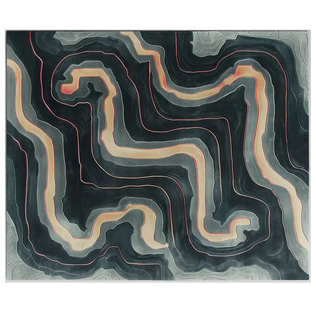 Top view of the Flowing Horizons Hand Tufted Wool Rug, showcasing an abstract design with flowing lines in shades of black, gray, and beige. This contemporary area rug is perfect for large living rooms, adding a modern touch to any space.
