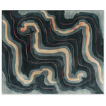 Top view of the Flowing Horizons Hand Tufted Wool Rug, showcasing an abstract design with flowing lines in shades of black, gray, and beige. This contemporary area rug is perfect for large living rooms, adding a modern touch to any space.