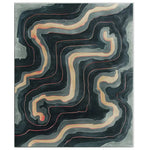 Top view of the Flowing Horizons Hand Tufted Wool Rug, featuring an abstract design with swirling patterns in shades of black, gray, and beige. This contemporary area rug adds an artistic touch to any living room, crafted from high-quality wool for a luxurious feel.