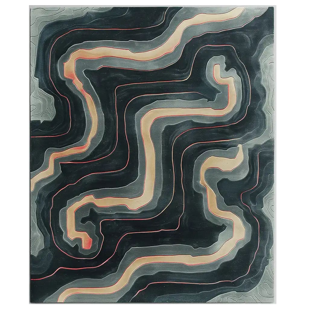 Top view of the Flowing Horizons Hand Tufted Wool Rug, featuring an abstract design with swirling patterns in shades of black, gray, and beige. This contemporary area rug adds an artistic touch to any living room, crafted from high-quality wool for a luxurious feel.