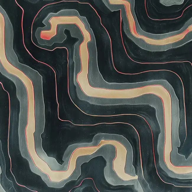 Top view of the Flowing Horizons Hand Tufted Wool Rug, featuring an abstract, wavy design in dark and light tones. This contemporary area rug is perfect for adding a stylish touch to large living room spaces.