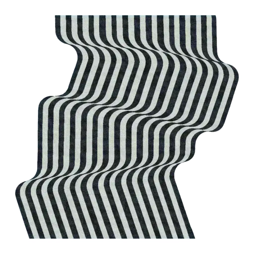 A stylish black and gray wool area rug featuring an eye-catching flowing illusion design. Perfect for adding a contemporary touch to any space, this vintage rug is ideal for use as a hallway runner rug, in a dining room, or as a large living room rug. Its unique pattern makes it a standout piece for modern interiors.