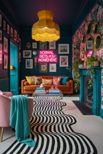 Colorful living room with vibrant decor, including a neon sign and patterned rug.