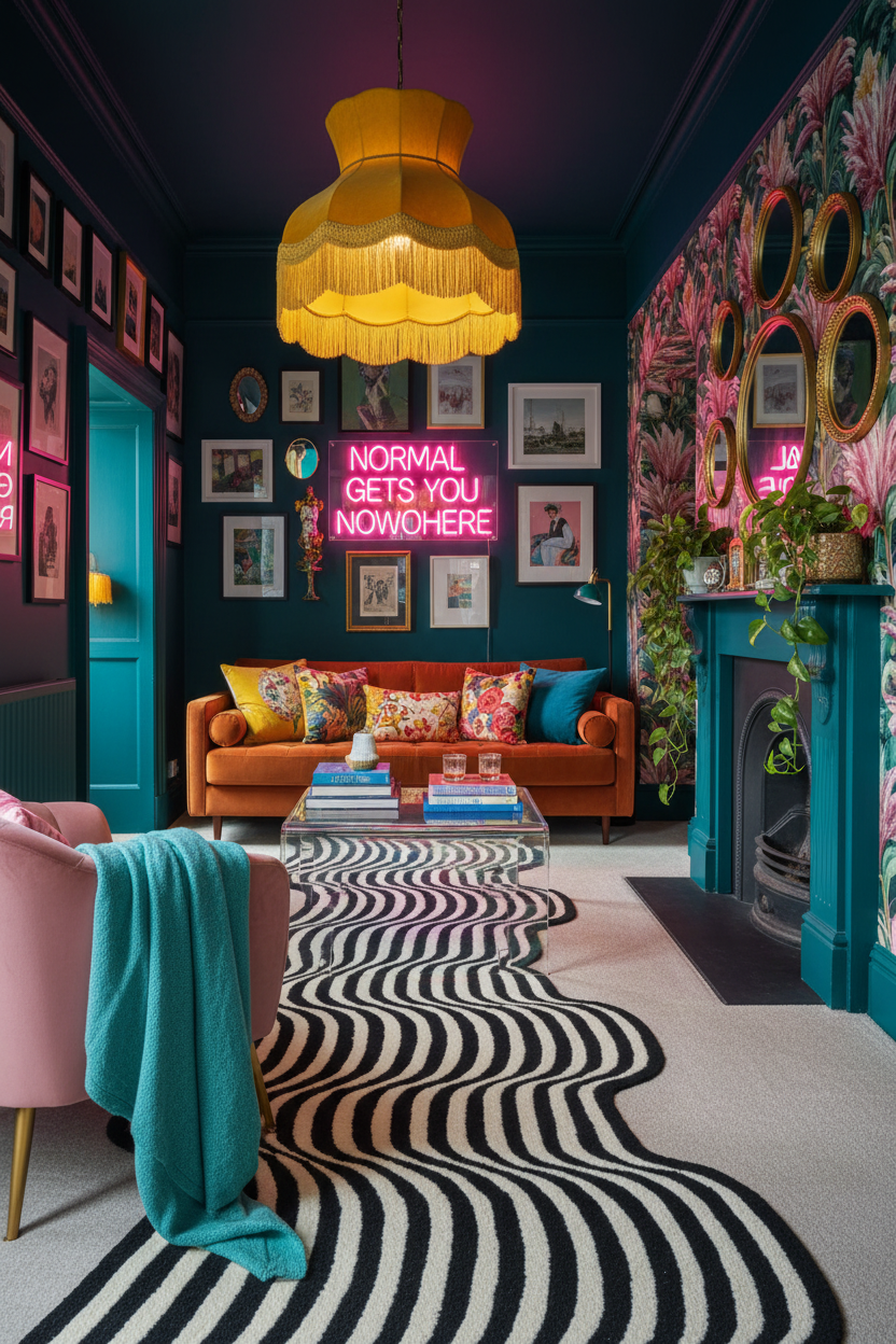 Colorful living room with vibrant decor, including a neon sign and patterned rug.