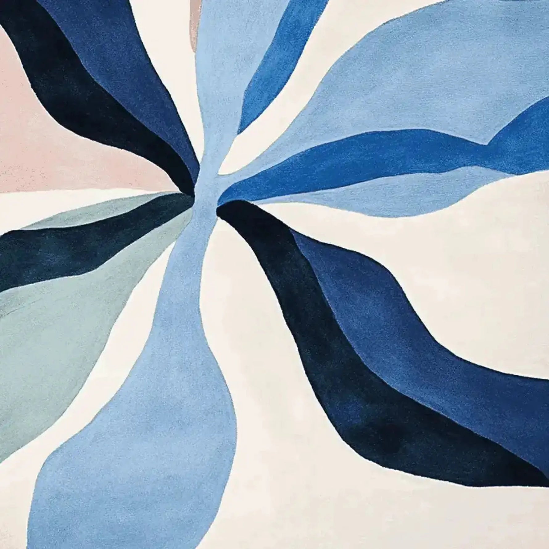 Contemporary area rug with a flowing petal design in shades of blue and cream, perfect for adding a modern touch to any living room. This hand-tufted wool rug offers a stylish and comfortable addition to your space.