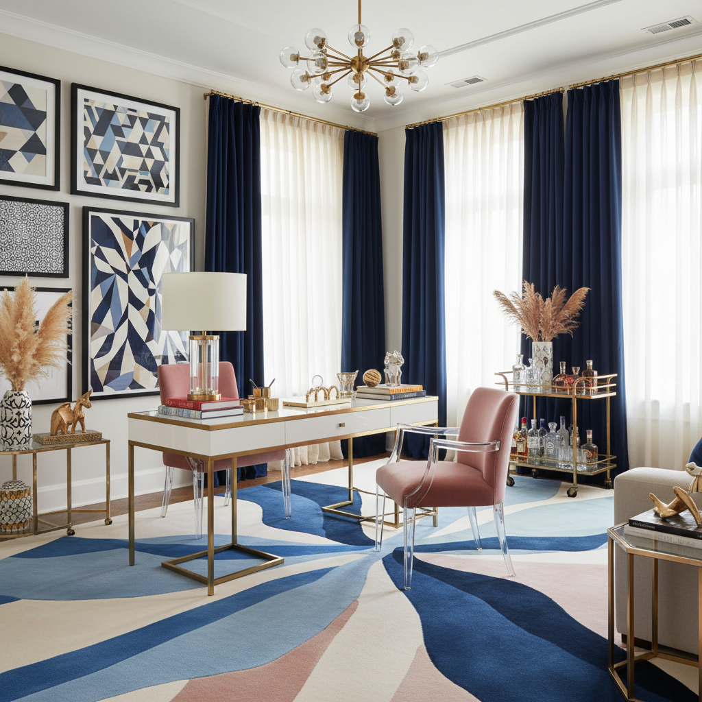 Modern office with geometric carpet, blue and white curtains, and decorative elements.
