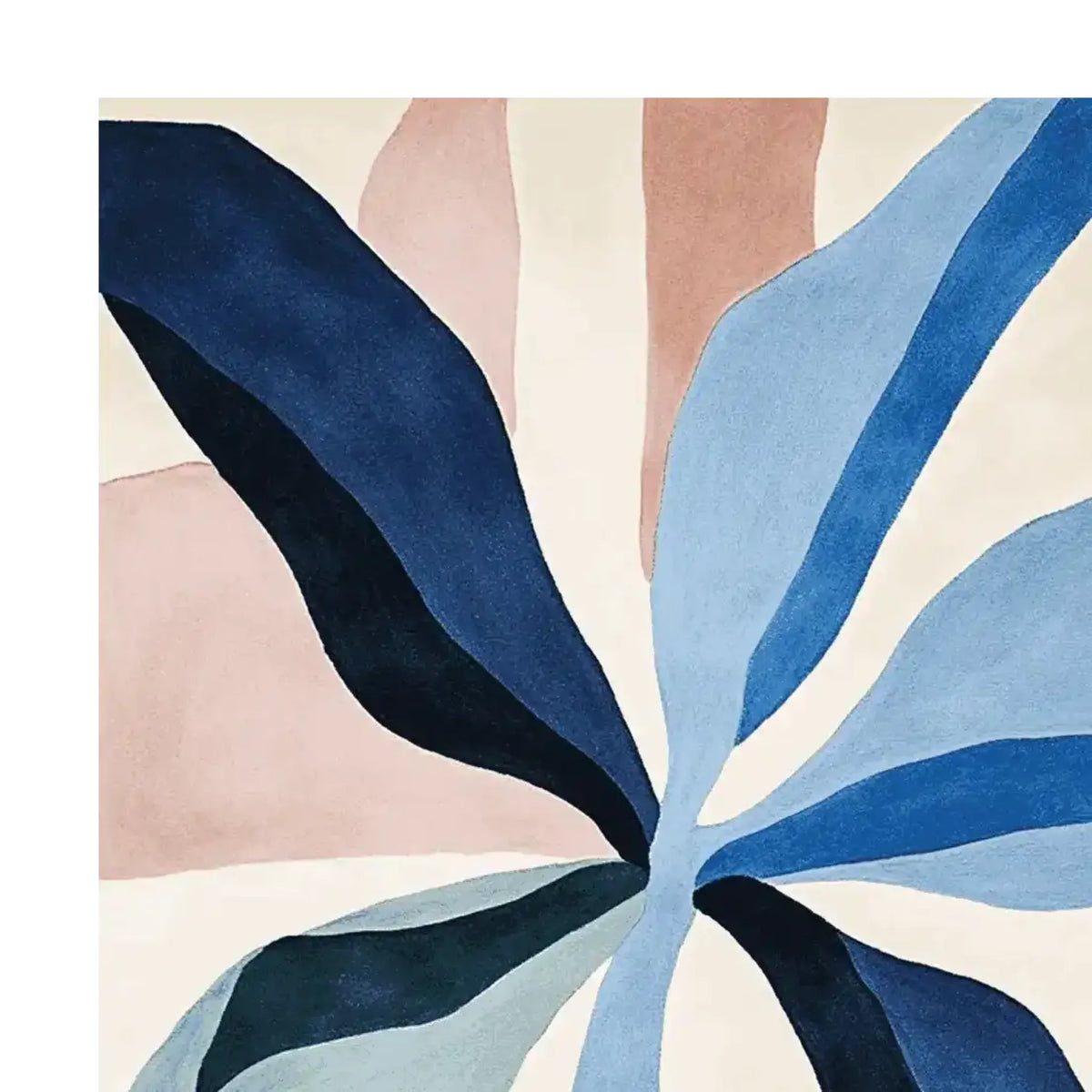 A vibrant area rug featuring an abstract petal design in shades of blue, beige, and black. This contemporary wool rug is perfect for adding a stylish touch to any living room. The flowing pattern creates a dynamic look, making it an ideal choice for those seeking area rugs for living room decor.
