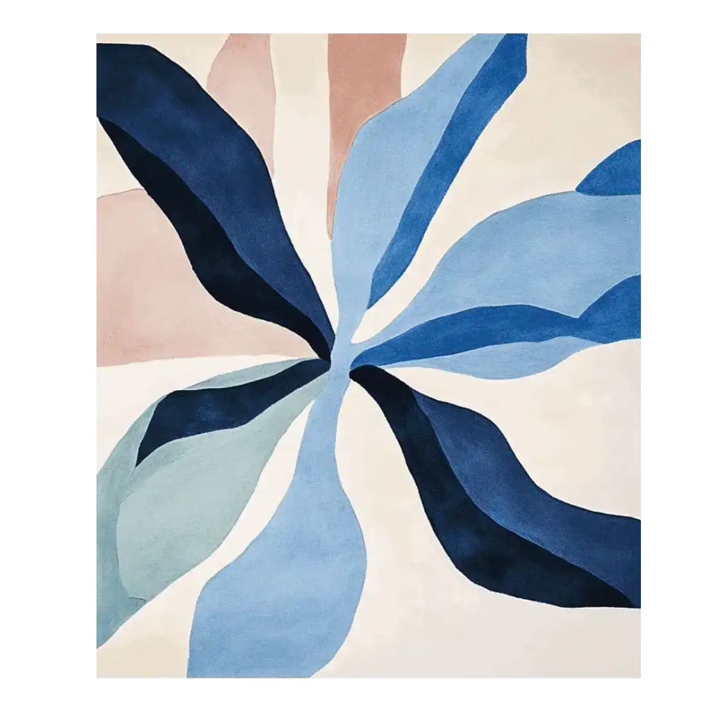 A beautifully designed area rug with a flowing petal pattern in shades of blue and beige, perfect for adding a contemporary touch to your living room. This wool rug combines elegance and comfort, making it an ideal choice for those seeking stylish area rugs for living room decor.