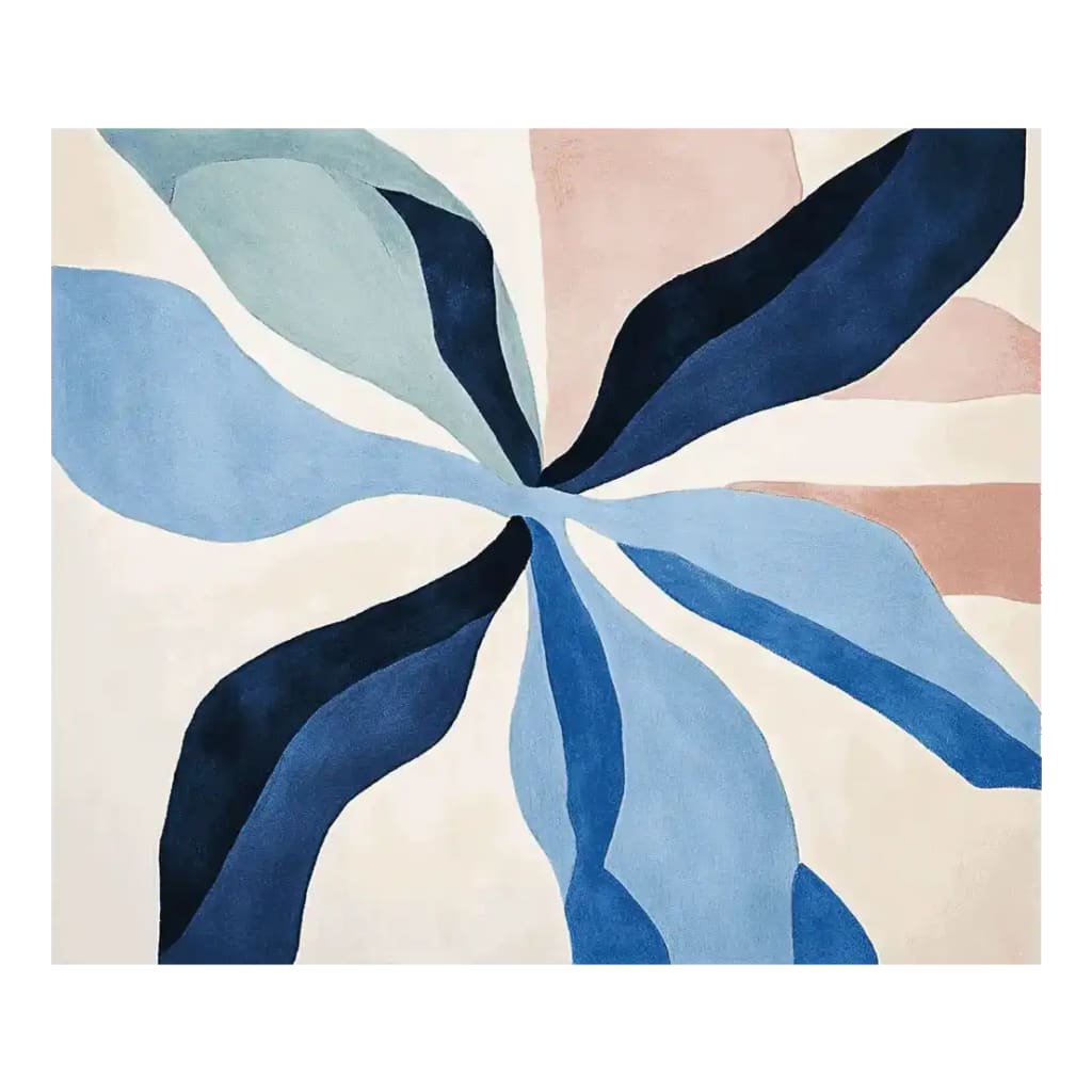 A contemporary hand-tufted area rug featuring a flowing petal design with shades of blue, teal, and beige. This wool rug is perfect for adding a touch of elegance to any living room.