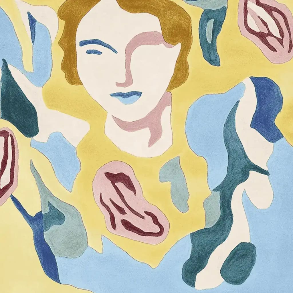 A vibrant hand-tufted area rug featuring a contemporary abstract design with fluid shapes. The rug is predominantly in soft pastel shades with hints of blue, pink, and yellow, perfect for adding a modern touch to any living room. This wool rug measures 8x10, ideal as a large living room rug.