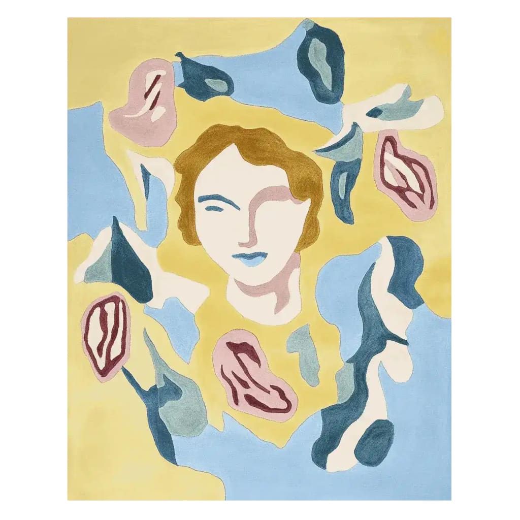 The Fluid Femme Reverie Hand Tufted Rug is a stunning area rug featuring an abstract design with a central female face surrounded by vibrant shapes and colors. Perfect for adding a touch of contemporary style to your space, this wool rug is ideal for large living rooms, measuring 8x10. Its bold, artistic pattern makes it a standout piece among living room rugs.