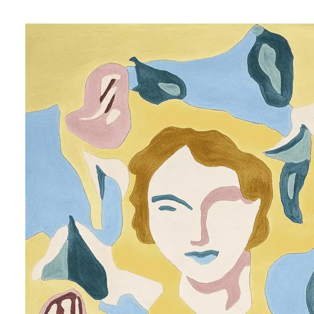 Vibrant and contemporary hand-tufted wool area rug featuring abstract human faces in pastel hues of blue, pink, and yellow. Ideal for large living rooms, this 8x10 rug adds an artistic touch to any space.