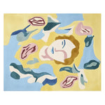 Colorful, contemporary area rug featuring an abstract design with a face and floral shapes in soft blues, pinks, and yellows. Ideal as a wool rug for living rooms, this large 8x10 rug adds a modern touch to any home decor.