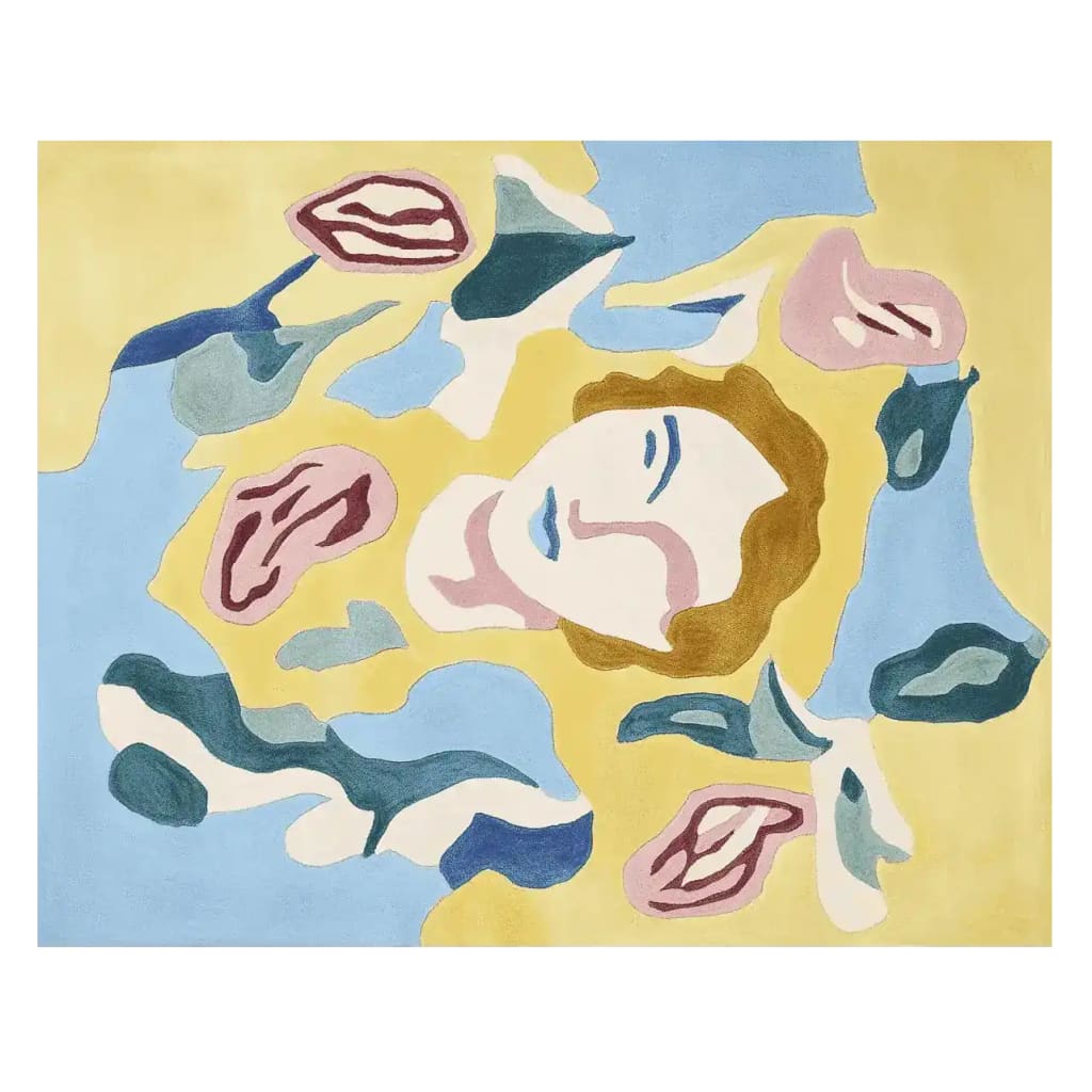 Colorful, contemporary area rug featuring an abstract design with a face and floral shapes in soft blues, pinks, and yellows. Ideal as a wool rug for living rooms, this large 8x10 rug adds a modern touch to any home decor.