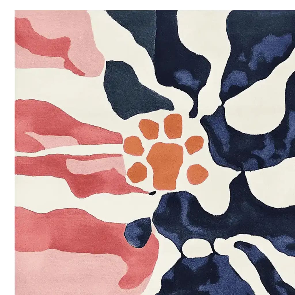 A vibrant, abstract area rug showcasing bold patterns in navy, pink, and orange hues. This wool rug, ideal for living room spaces, embodies a contemporary design that fits perfectly as a living room rug 8x10. Its artistic flair makes it a standout piece among rugs for living room settings.