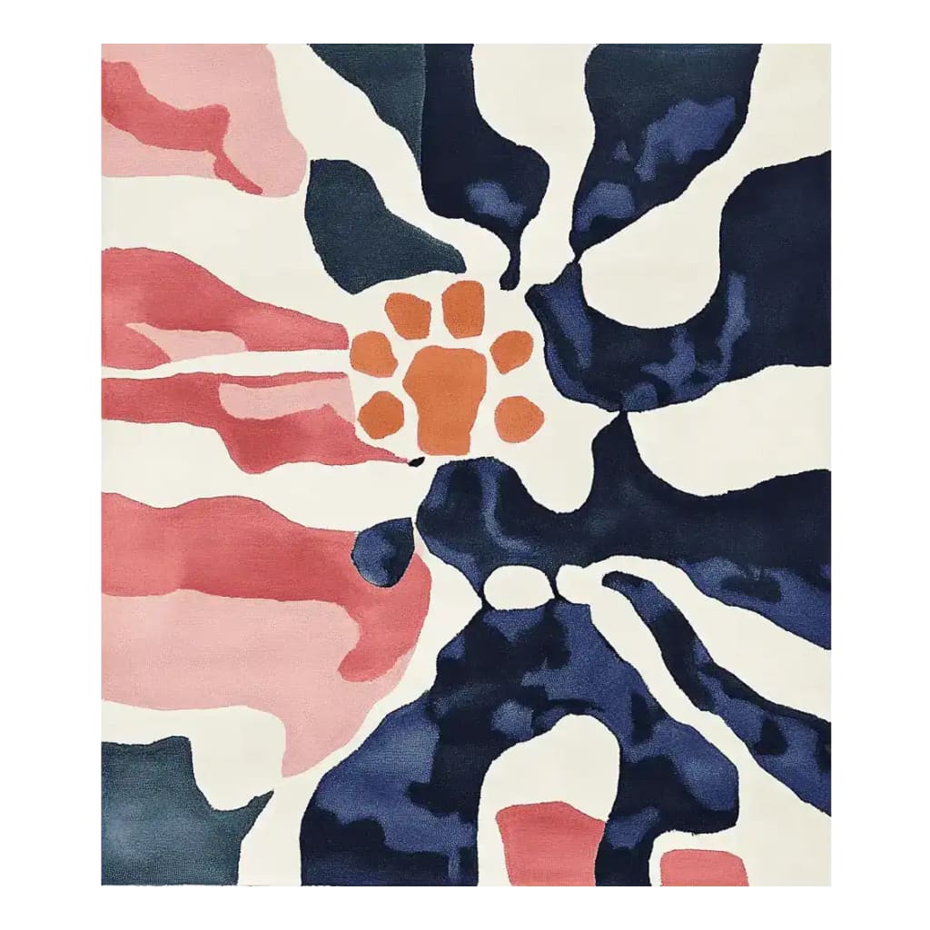 This Fluid Form Garden Hand Tufted Area Rug showcases a bold, contemporary design with abstract patterns in rich navy, coral, and cream hues. Made from high-quality wool, this 8x10 rug is perfect for adding a modern touch to any living room.