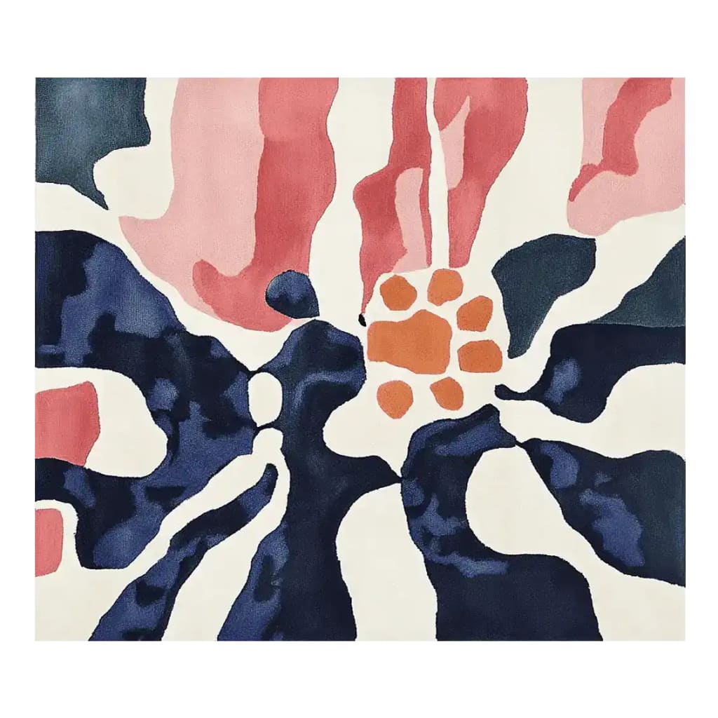 The Fluid Form Garden Hand Tufted Rug is a stunning area rug featuring an abstract design of flowing shapes in bold, contrasting colors of navy, coral, and white. Perfect for adding a contemporary touch to your living room, this 8x10 wool rug combines modern artistry with comfort, making it an ideal choice for rugs for living room settings.