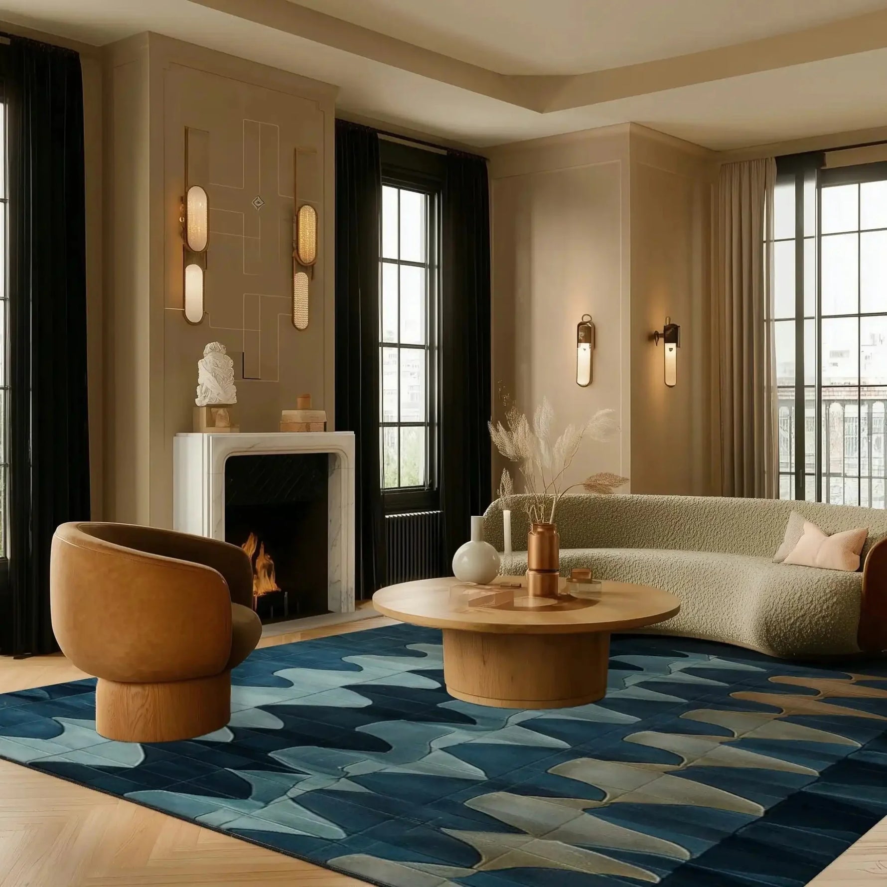 A stylish living room featuring a Fluid Motion Hand Tufted square area rug with a contemporary abstract design in shades of blue. The wool rug adds a modern touch to the room, complementing the elegant furniture and decor. Ideal for enhancing the aesthetics of living rooms and bedrooms, this contemporary rug is perfect for those seeking chic rugs for the bedroom or living room.
